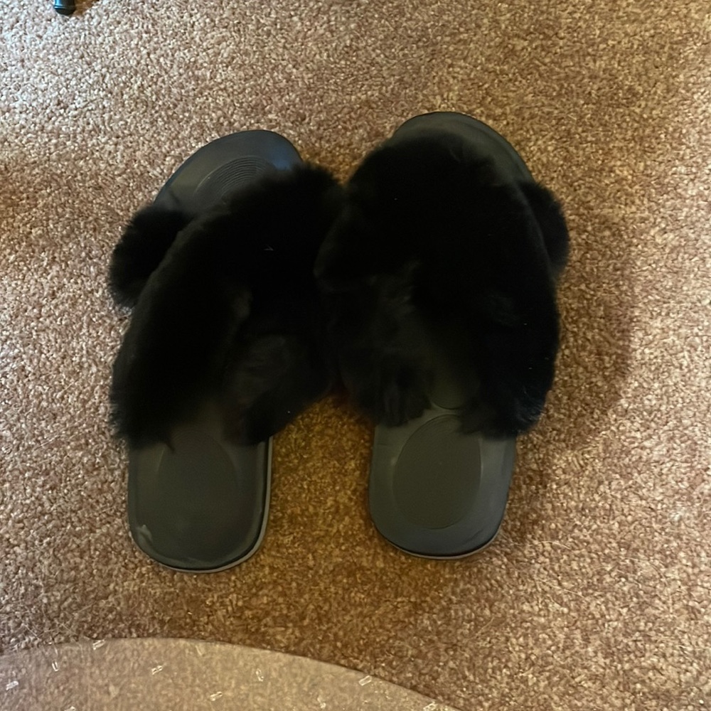 Black fur slippers worn only a few times